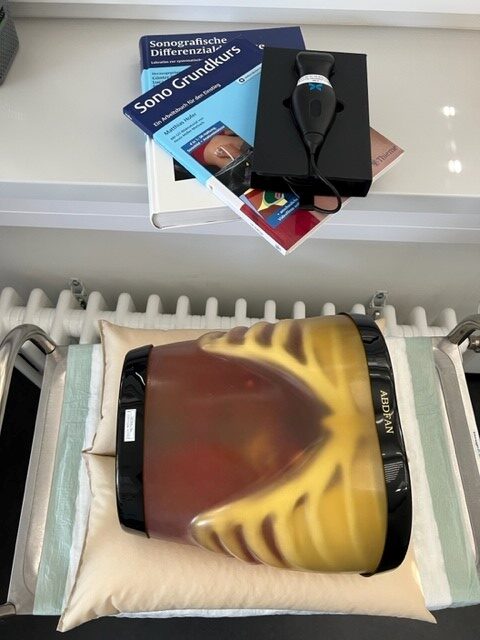 „Ultraschallkurs: Buch 'Sono Grundkurs', Sonde, Rippenphantom mit gelber Lunge/Rippen auf Kissen, Heizung.“
