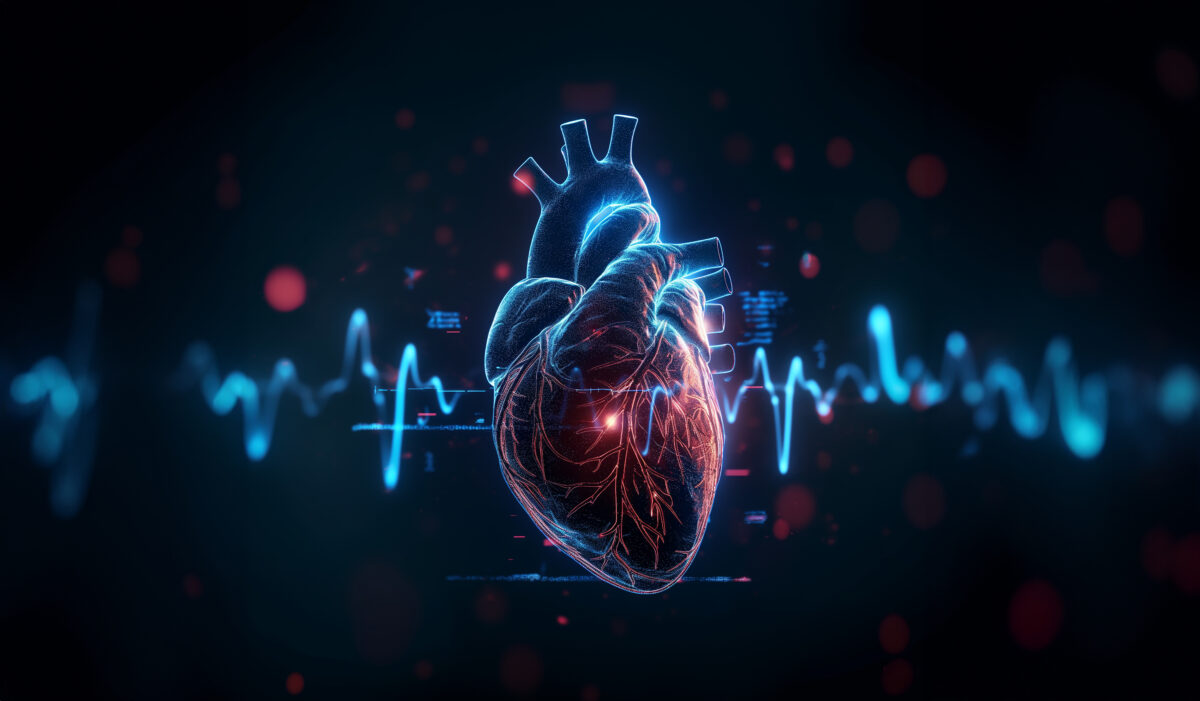 „3D-Herz in Blau/Rot mit EKG-Linie und Wellen, futuristischer Kardiologie-Look.“