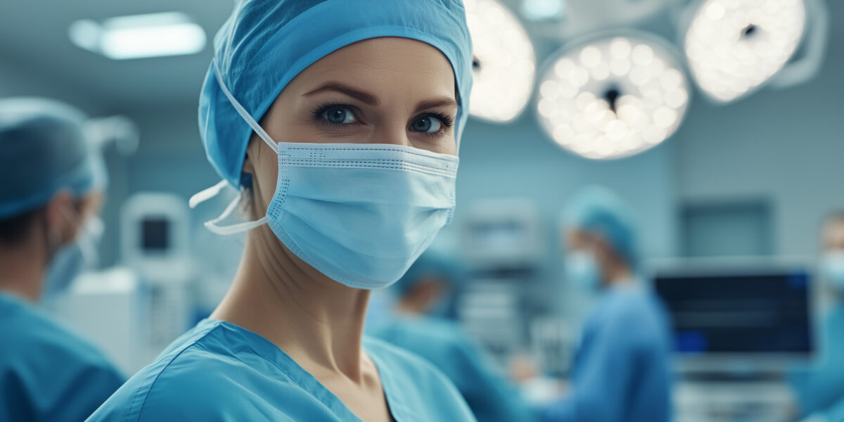 „Ärztin in blauem OP-Kittel/Maske unter OP-Leuchten, Fokus auf Patient, Kollegen hinten.“