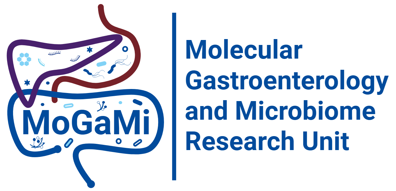 Logo des Molekulare Gastroenterologie und Mikrobiom Forschungsbereichs (kurz MoGaMi) mit stilisierter Darstellung von Magen, Leber und Darm sowie Mikroorganismen.