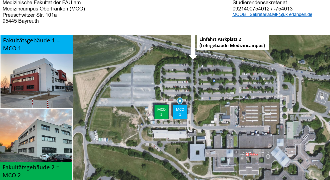„Lageplan Medizincampus Oberfranken (MCO): Luftbild Klinikum Bayreuth mit markierten Gebäuden (MCO1 blau, MCO2 grün), Parkplätzen, Herz-/Unfallchirurgie-Kliniken, Preuschwitzer Straße.“